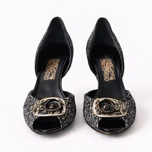 Vintage Salvatore Ferragamo Tweed Floral Buckle Heels Size 7 Italy RARE